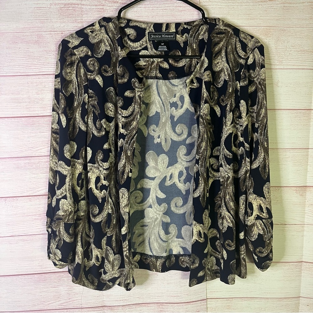 Jessica Howard Open Front Navy Blue Brown Shrug Size 10P